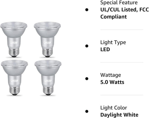Feit Electric PAR20 LED Bulbs, 50W Equivalent, Dimmable Spotlight Bulbs, 5000k Daylight, E26 Base, 90 CRI, 450 Lumens, 22-Year Lifetime, PAR20 Flo...