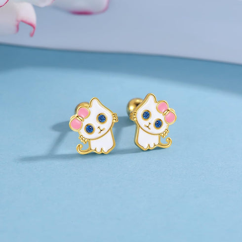 Cat Earring Screw Back Earrings Shypoallergenic Sterling Silver 18K Gold Plated Ideal Gift...