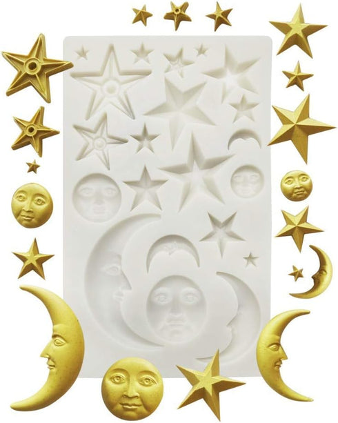 Moon Stars Sun Face Silicone Fondant Mold Chocolate Candy Gumpaste Sugarcraft Tool Cake Decorating Tools Epoxy Resin DIY Polymer Clay Silicone Mol...
