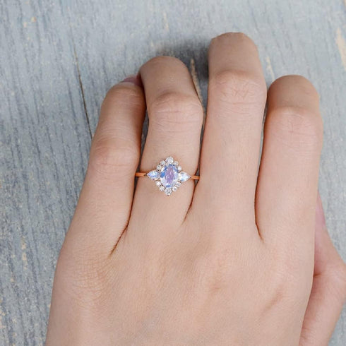 Plated 18k Rose Gold Rainbow Moonstone Rings,Women Bridal Set Statement Anniversary Ring Gift Oval & Pear Cut CZ Simulated Diamond Engagement Ring...
