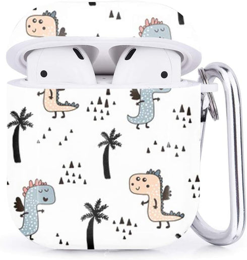 Compatible with Airpods 2 & 1 – Shockproof TPU Gel Portable Protection Soft Case Cover Skin with Carabiner Clip Keychain (Cute Dino Scandinavian)...