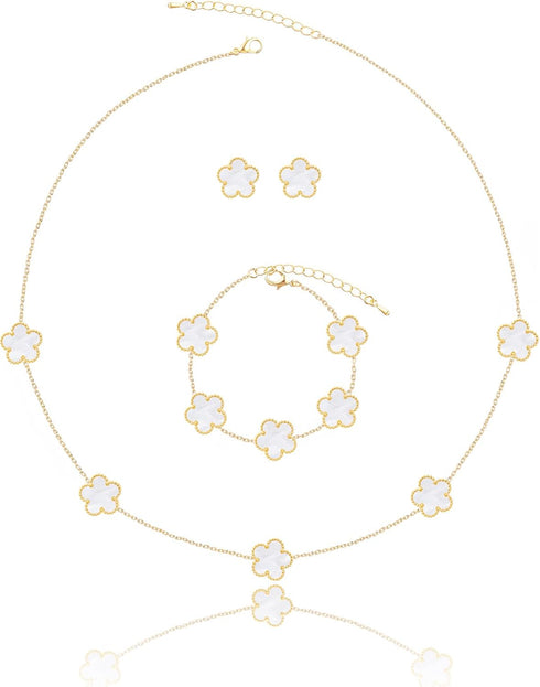 Four Leaf Clover Necklace Bracelet and Stud Set for Women Lucky Flower Gold Plated Jewelry...