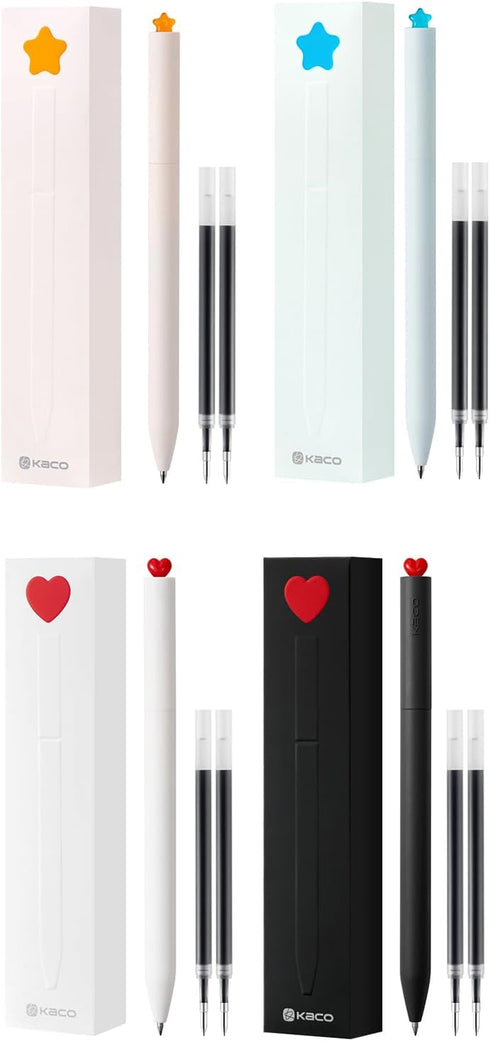 Kaco FIRST Gel Pens, Cute Stationery, 4 Pieces with Extra 8 Black Refills Cute Heart Star Pen Set Valentine's Day Christmas Gifts (2 Star & 2 Hear...