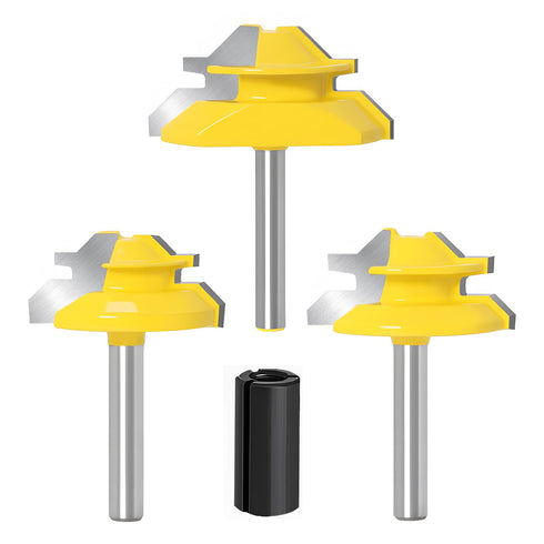 45 Degree Lock Miter Router Bit Set, 3PCS Tungsten Carbide 1/4 Inch Shank Woodworking Tools, Includes 1/4 to 1/2 Inch Collet Converter for Cutting...