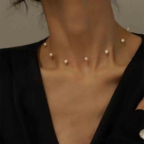 Vintage Pearl Choker Necklace Tiny Pearl Necklace Pearl Invisible Choker Necklace Silver Transparent Collar Necklace Thin Station Pearl Chain Jewe...