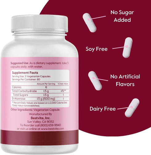 BESTVITE D-Mannose 500mg (240 Vegetarian Capsules) - No Stearates - No Fillers - Vegan - Non GMO - Gluten Free - Corn Free...