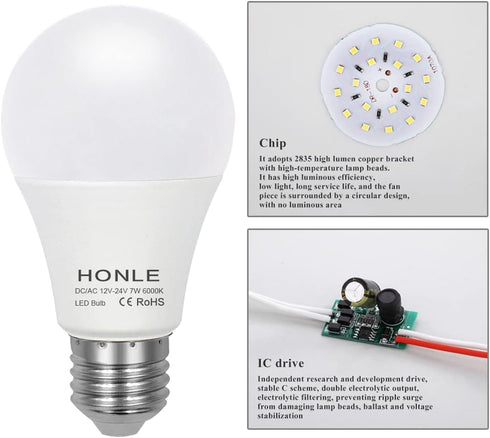 Honle E26 E27 LED Light Bulbs 12V 24V Low Voltage 7W A19 Daylight White 6000k Standard Edison Base 60w Equivalent, Pack of 2...