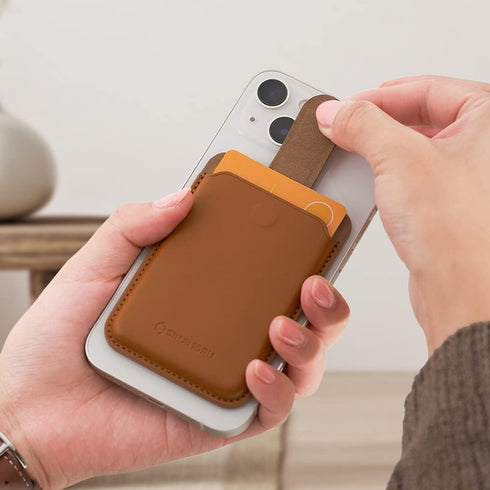 Sinjimoru Pull & Eject Magnetic Wallet for iPhone, Vegan Leather Magnetic Card Holder, Compatible with MagSafe Wallet, M-Pull Tab Wallet Brown...