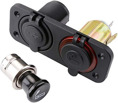 MMOBIEL Universal Waterproof Two Hole USB Charger Power Socket 12V-24V 5V 2.1A and Cigarette Lighter incl Wiring Kit......