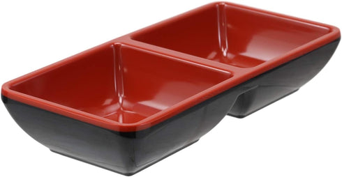 Ebros Red And Black Melamine Traditional Design Condiments Ketchup BBQ Soy Sauce Dipping Bowl or Dish With Divider 2 Partition Compartments Housew...