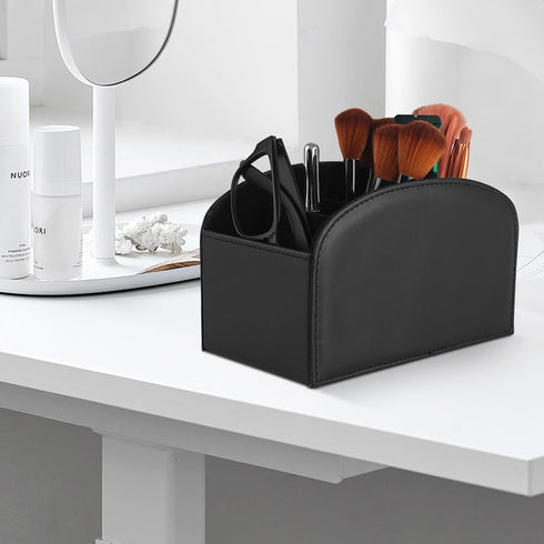 Remote Control Holder Organizer Table Desk Leather Control Storage TV Remote Control Organizer with 4 Spacious Compartments (Black 1)...