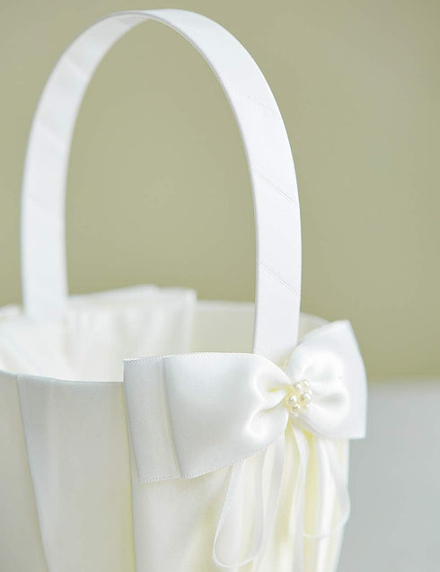 Wedding Flower Girl Basket and Ring Bearer Pillow Set, Simple Bow Pearl Collection - Ivory...