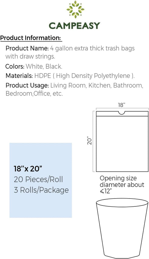 4 Gallon Trash Bags, High Density Polyethylene (HDPE) White 60 Count Extra Thick No Leaking...