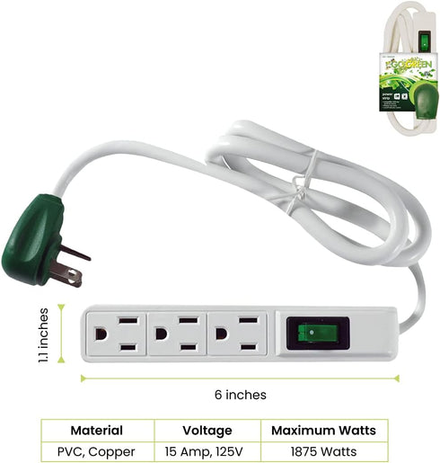 Go Green Power Inc. 2.5ft 3-Outlet Power Strip - Compact, Durable, Ideal for Travel & Home Use with Right-Angled Plug and Circuit Breaker - GG-130...