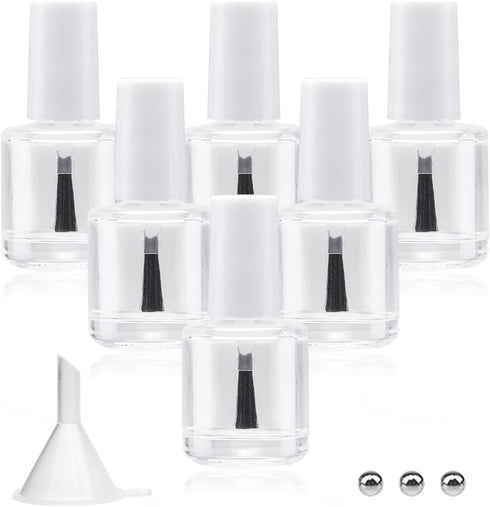 6PCS Empty Nail Polish Bottles with Brush White Cap, 10ML Empty Clear Glass Refillable Nail Fingernail Polish Bottles Circle with mixing beads & F...