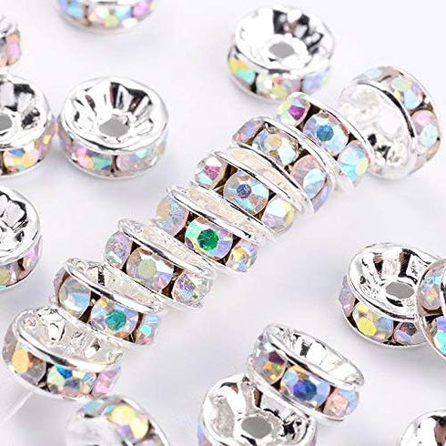 Allb 100Pcs Rondelle Spacer Beads 10mm Silver Plated Czech Crystal Rhinestone for Jewelry Making Loose Beads for Bracelets...