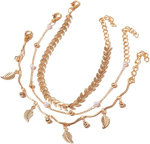 3Pcs Anklet Bracelets for Women Adjustable Boho Beach Crystal Gold Layered Beach Anklet Set Girls Cuban Link Foot Chain Jewelry Gifts...