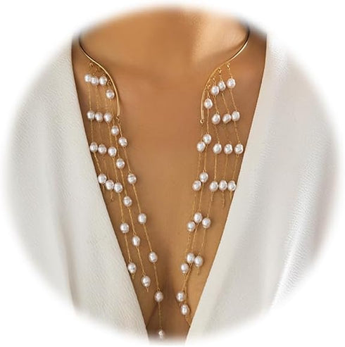 Metal Pearl Open Choker Necklace Adjustable Gold Pearl Choker Necklaces for Women Round Open Cuff Necklace Elegant Cuff Collar Necklace Statement ...