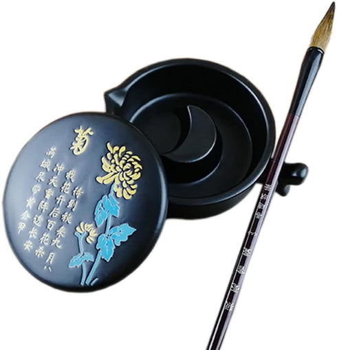 Multifunctional Chinese Calligraphy Handmade Porcelain Ink Well Dish Ceramic Inkslab Inkstone with Brush Holder for Beginners Paintings Writings D...