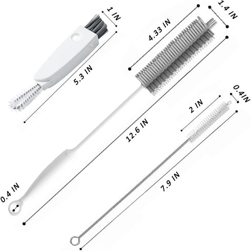 Bottle Cleaning Brush Set, Long Handle Silicone Cleaner Brushes + Thermos Lid Cup Brush + Drinking Straw Brush for Cleaning Baby Bottles, Narrow N...