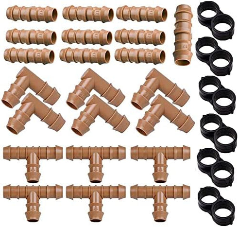 28P Drip Irrigation Fittings Kit (17mm) for 1/2" Tubing (.600" ID), 10 Couplings, 6 Tees, 6 Elbows and 6 Tubing End Closure - Barded Connectors fo...