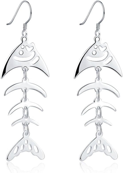 Sterling Silver Plated Earrings Drop Dangle Fish Hook Fish Bones .68" L383...