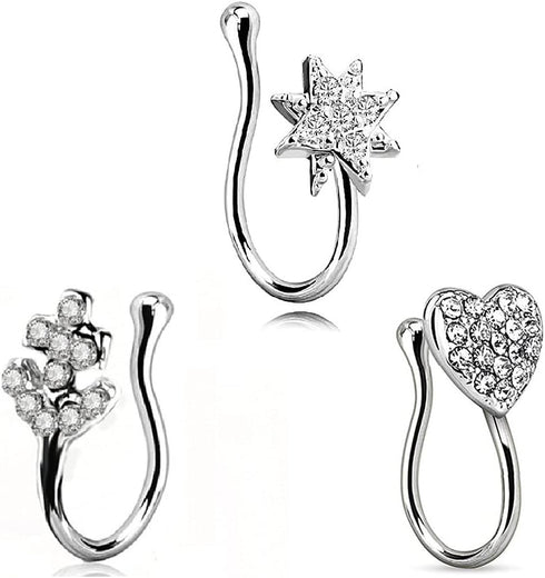3Pcs Fake Nose Rings - Clip On, Non-Pierced, Adjustable Nose Cuff & Septum Hoop Rings...