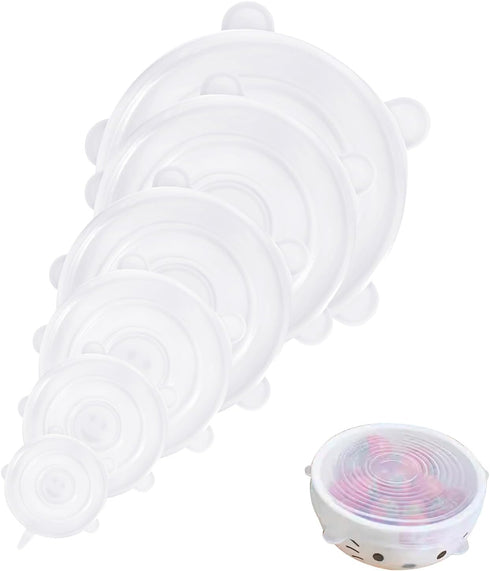 6pcs Silicone Stretch Lids Silicone Food Covers Reusable Food Lids Fit All Round Containers, Cups, Plates and Bowls, 6 Sizes (White)...