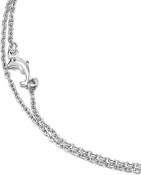 COOLSTEELANDBEYOND Two-Row Stainless Steel Link Chain Anklet Bracelet with Charms of Dolphins, Jingle Bell, Adjustable...