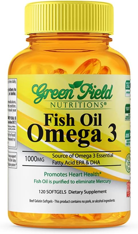 Greenfield Nutritions Halal Fish Oil 1000mg, 300mg Halal Omega 3, Small Wild Peruvian Fish Oil Halal Vitamins, EPA 180mg & DHA 120mg, Non-GMO, Glu...