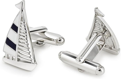 Mr.Van Navy Blue Sail Boat Cufflinks Classic Fashion Modern Stripe Cufflinks Blue and Silver...