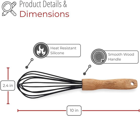 10" Silicone Whisk with Wood Handle - Black Whisk Head, Perfect for Pancake Batter, Eggs, Cake Mix, Blending, Gravy and Sauces...