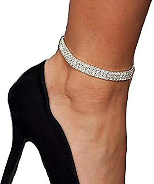 Women Rhinestone Stretch Ankle Bracelet Silver Sparking Tennis Bracelet Crystal Anklet Foot Chain Jewelry (3 Row - 2pcs)...