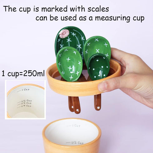 Cactus Measuring Spoons Set in Pot Ceramic Cute Measuring Cups and Spoons Unique Baking Gifts for Dry Wet Ingredients Dishwasher Safe 1 Tbsp 1 TSP...
