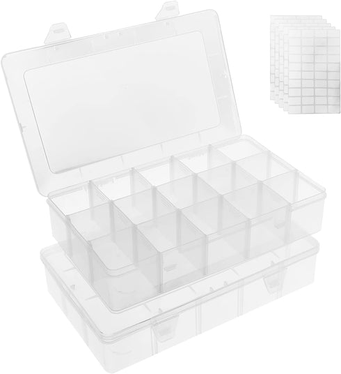 2 Pack 15 Grids Clear Plastic Organizer Box with Adjustable Dividers, Craft Storage Containers for Jewelry, Beads, Screws, Tackle Box, Washi Tapes...