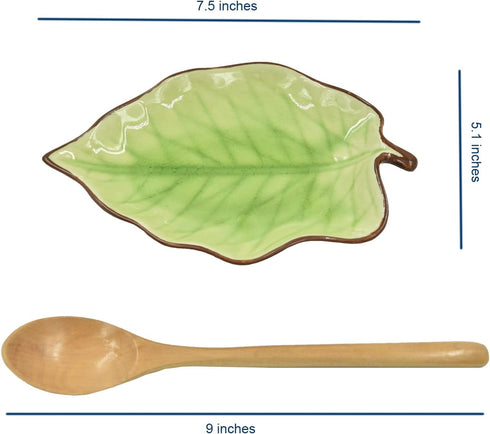 Green Spoon Rest Spoon Holder for Stove Top Kitchen Counter with Wooden Spoon, Farmhouse Decor Leaf Shape Spatula Holder Ceramic, 5.1 W x 7.5 L...