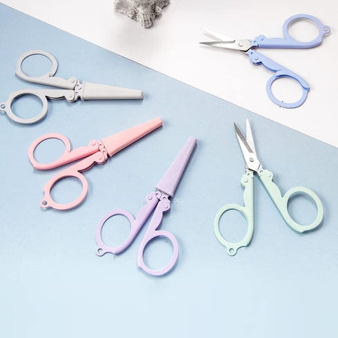 5Pcs Pastel Mini Folding Scissors with Safety Cap Small Telescopic Stainless Steel Scissors Portable Pokect Little Travel Scissors Kids Shears Tin...
