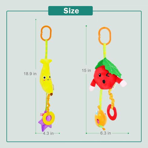 2PCS Soft Plush Hanging Stroller Toys with Teether and Rattles,Newborn Stroller Car Seat Crib Toys Colorful Fruits Sensory Early Development Toy f...