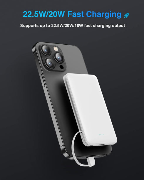 Clutch Charger iPhone Power Bank 12000mAh Battery Pack QC22.5W/PD20W Fast Charging with Built in LT/Type-C Cables and USB Output for IPhone15/14/1...