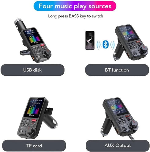 FM Bluetooth Transmitter for Car, Strong Microphone Bluetooth Car Adapter with 1.8" Color Screen for Hands Free Calls, Supports QC3.0 Charging, Tr...