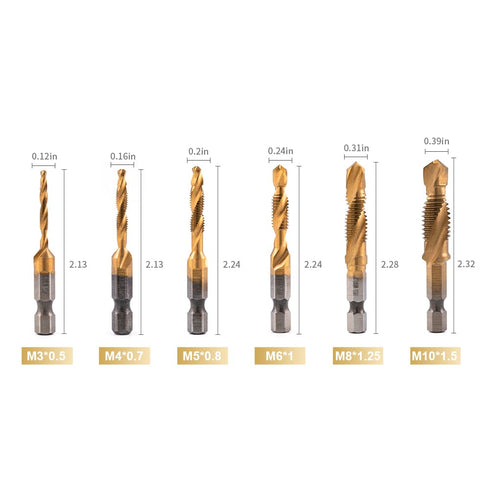 Titanium Combination Drill and Tap Bits Set, 6 PC Metric Screw Taps, 3-in-1 Bit Tool for Drilling, Tapping and Countersinking...
