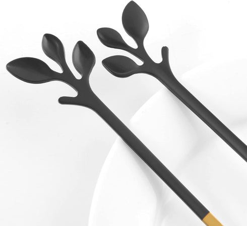 AnSaw 10-Pieces Small Coffee Spoons and 10-Pieces Desserts Forks, 4.7-inch Stainless Steel With Leaf Handle (Black & Gold)...
