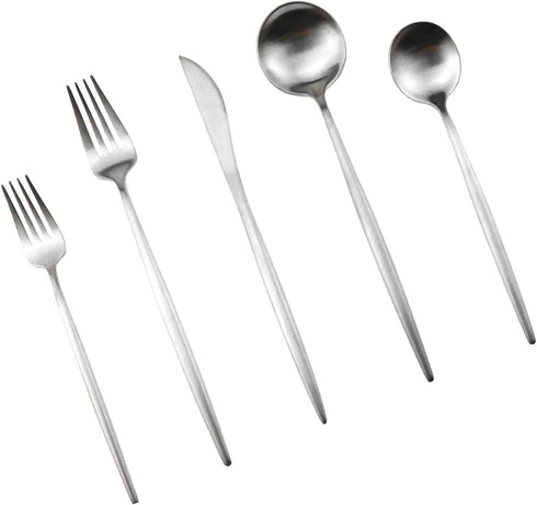 Silver Flatware, Royal 5 Piece Luxury Matte Finish 18/10 Stainless Steel Tableware Sets for 1 Including Forks Spoons Knives, Camping Silverware Tr...