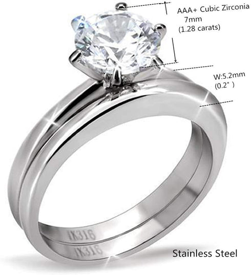 MABELLA His Hers Stainless Steel Men's Band Women Cubic Zirconia Round Cut Wedding Engagement Ring Set...