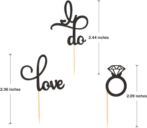 48 Pcs Black Glitter Diamond Ring Cupcake Toppers Love I Do Cake Picks for Wedding Engagement Party Decorations...