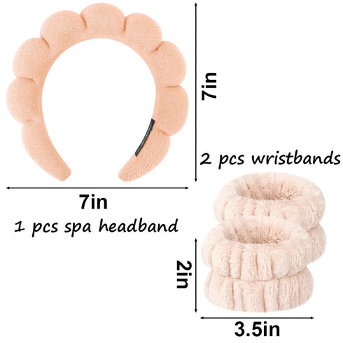 Spa Headband for Washing Face Wristband Set Sponge Makeup Skincare, Terry Cloth Bubble Soft Get Ready Hairband for Women Girl Puffy Padded Headwea...