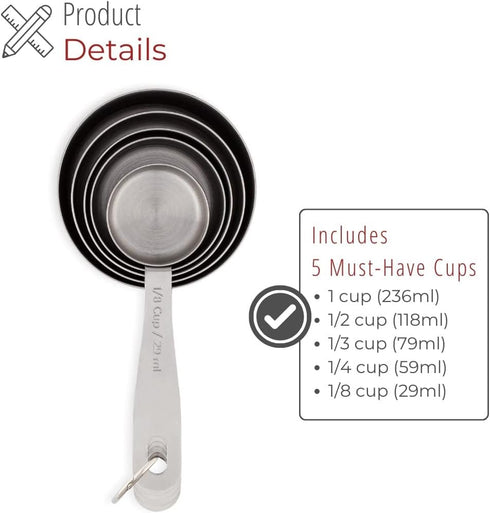 Stainless Steel Measuring Cups - 5 Piece Heavy Duty Measuring Cup Set with Storage Ring...