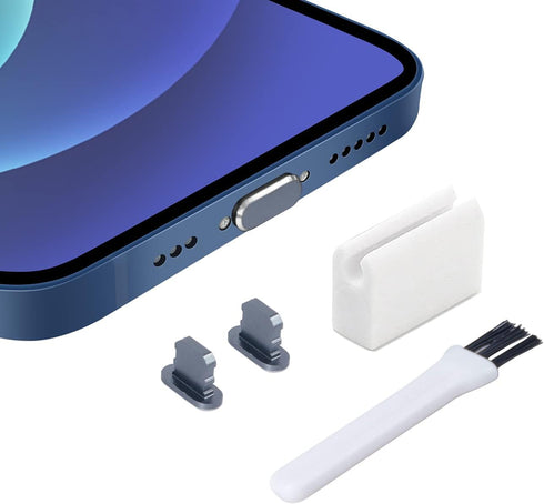 Dust Plugs (2-Pack) - Compatible w/with Lightning Port, iPhone 14-7, Plus, Max, Pro, iPad, Aluminum Build - Incl. Holder & Cleaning Brush (Gun Met...