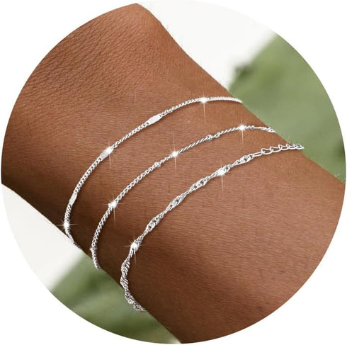Silver Bracelets for Women, Dainty Stackable Silver Bracelets for Women Trendy Sparkling Waterproof Bracelet Set Gold Adjustable Bracelet Pack Jew...