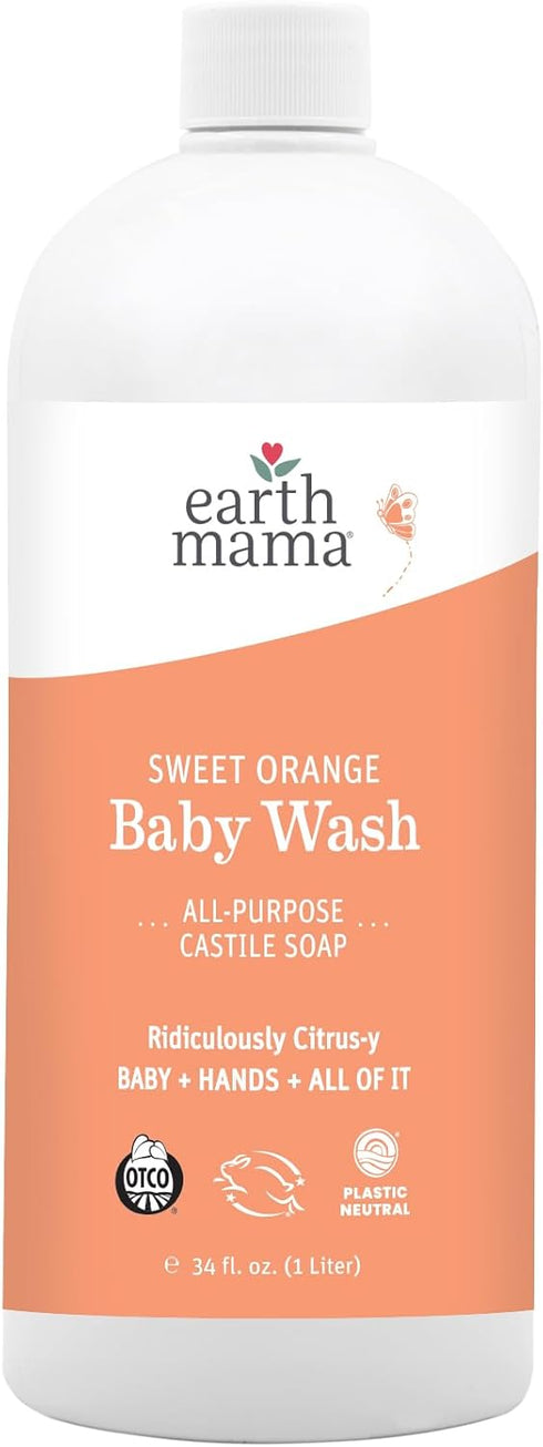 Earth Mama Sweet Orange Baby Wash Liquid Hand Soap Refill, Organic Body Wash for Sensitive Skin, All Purpose Castile Soap Liquid with Coconut Oil,...